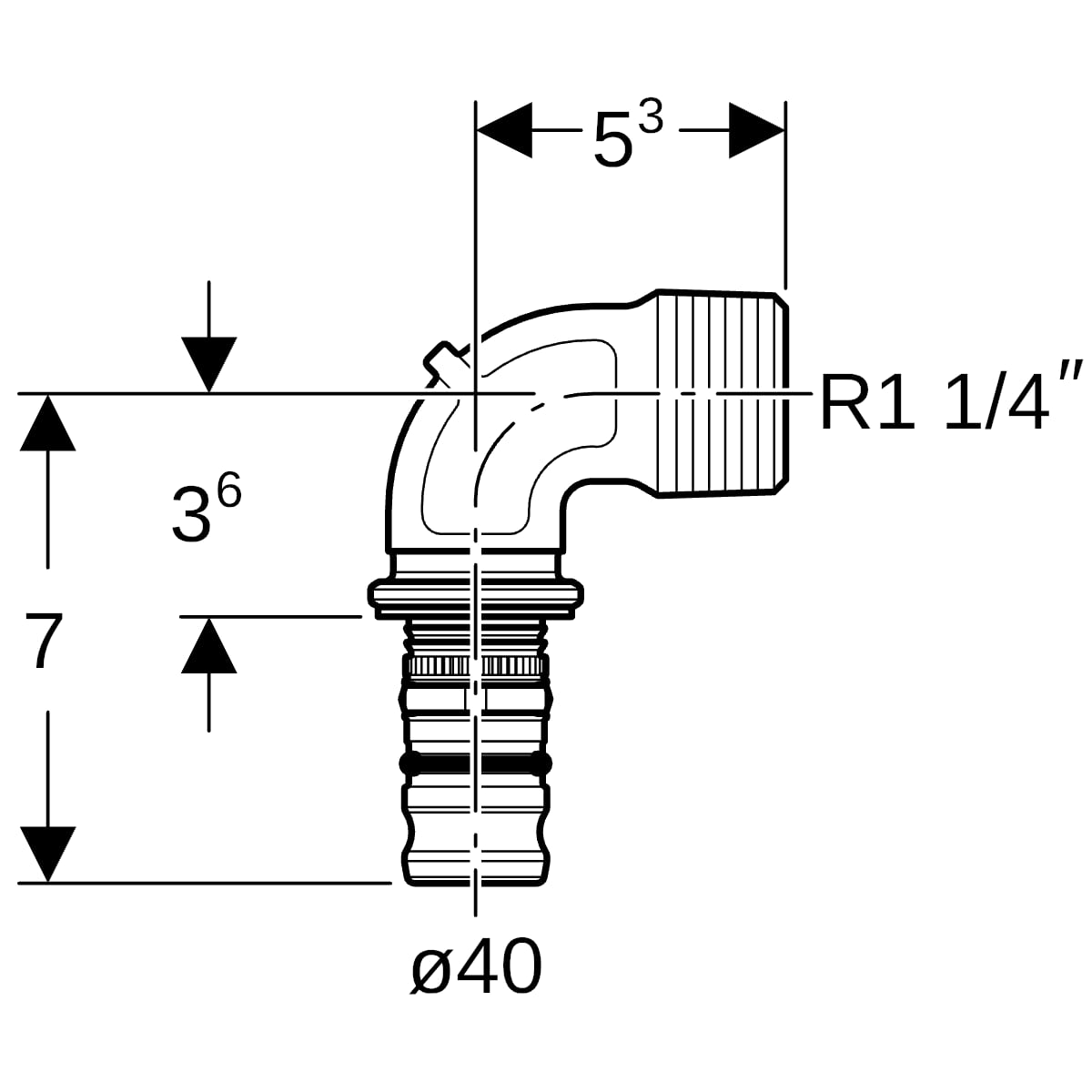 Geberit Mepla Übergangsbogen 90Gr mit AG Rg d40-R1 1/4