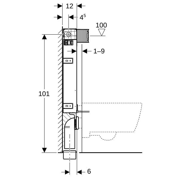 Geberit Kombifix Element für Wand-WC 108cm mit Omega UP-SPK 12cm Bet. von vorne