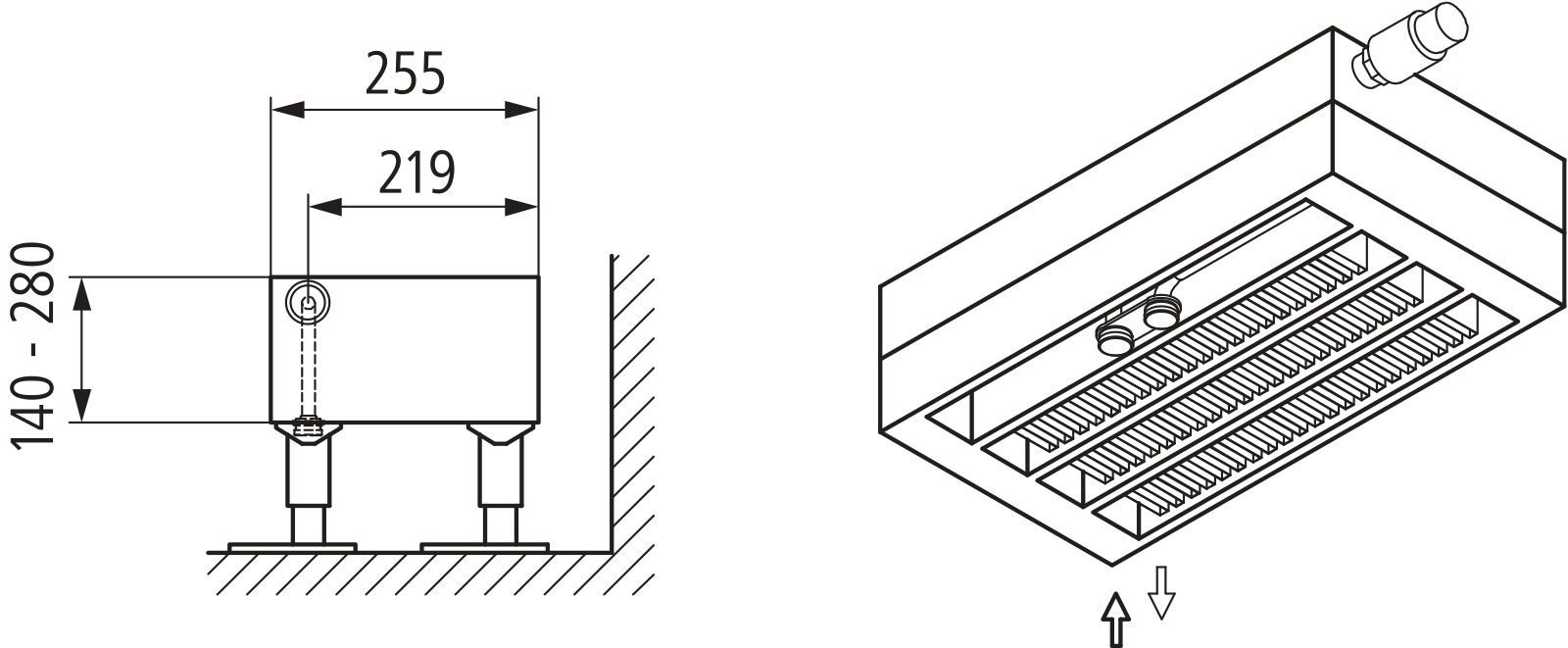 Kermi V-Konvektor Typ54 BH280x255x2000mm QN4790, RAL9016, 6 bar, m. Abd, Vent. re