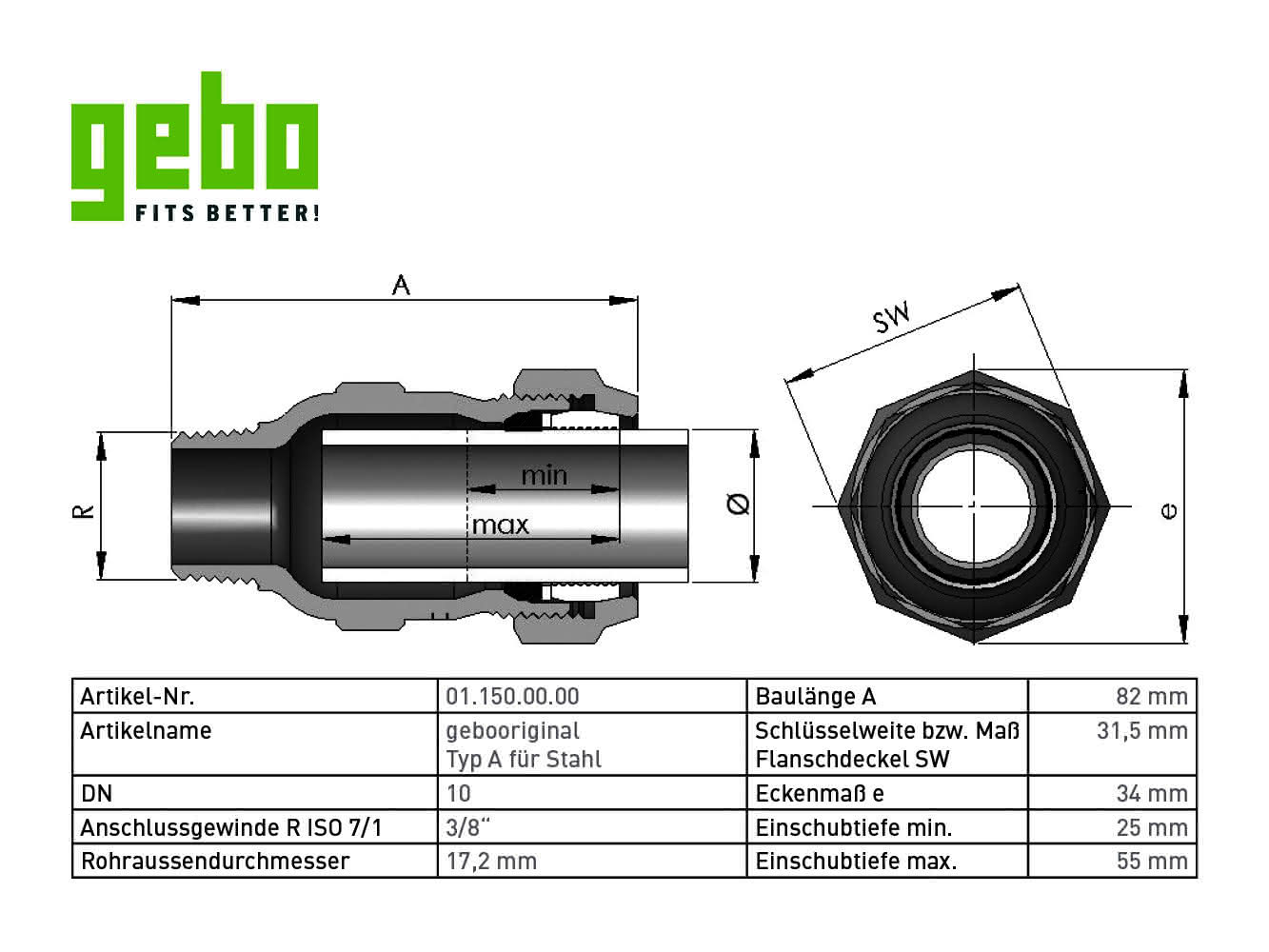 gebooriginal Temperguss-KLV Serie 150 Typ A 3/8" für Stahlrohr