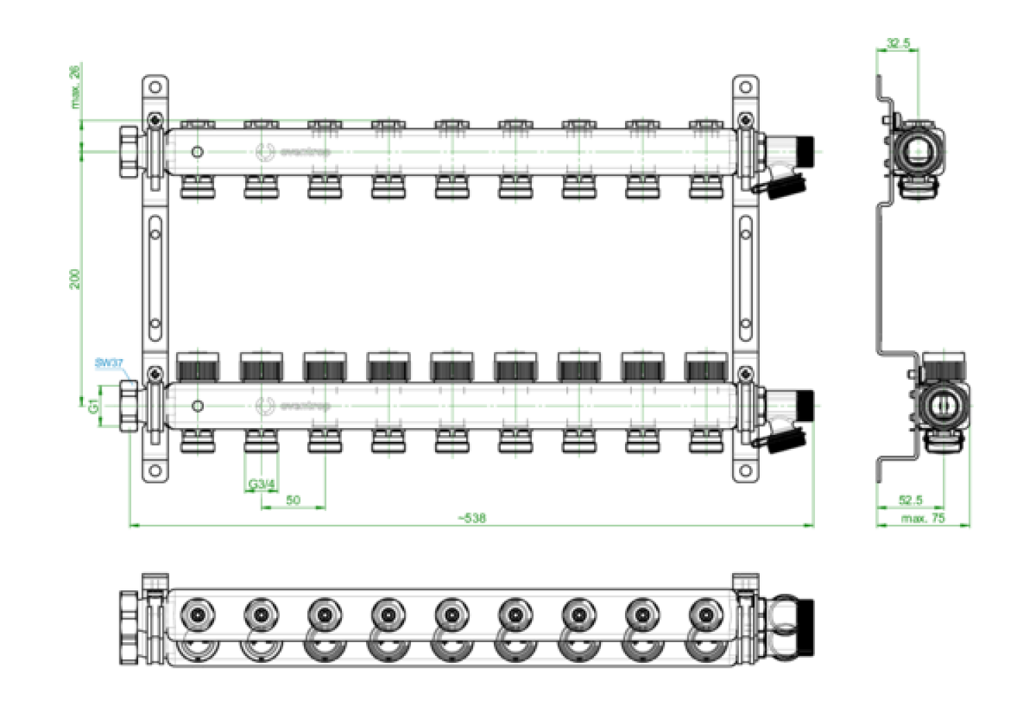 OVENTROP-Edelstahl-Verteiler 9 Kreise mit integr. Reguliereinsatz