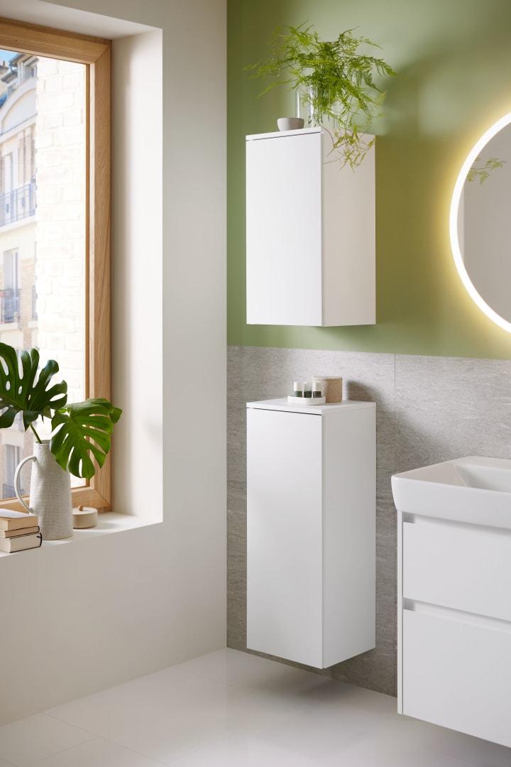 Geberit Renova Plan Mittelhochschrank m.1 Tür 33x85x29,7cm, weiß/l. seidenmatt