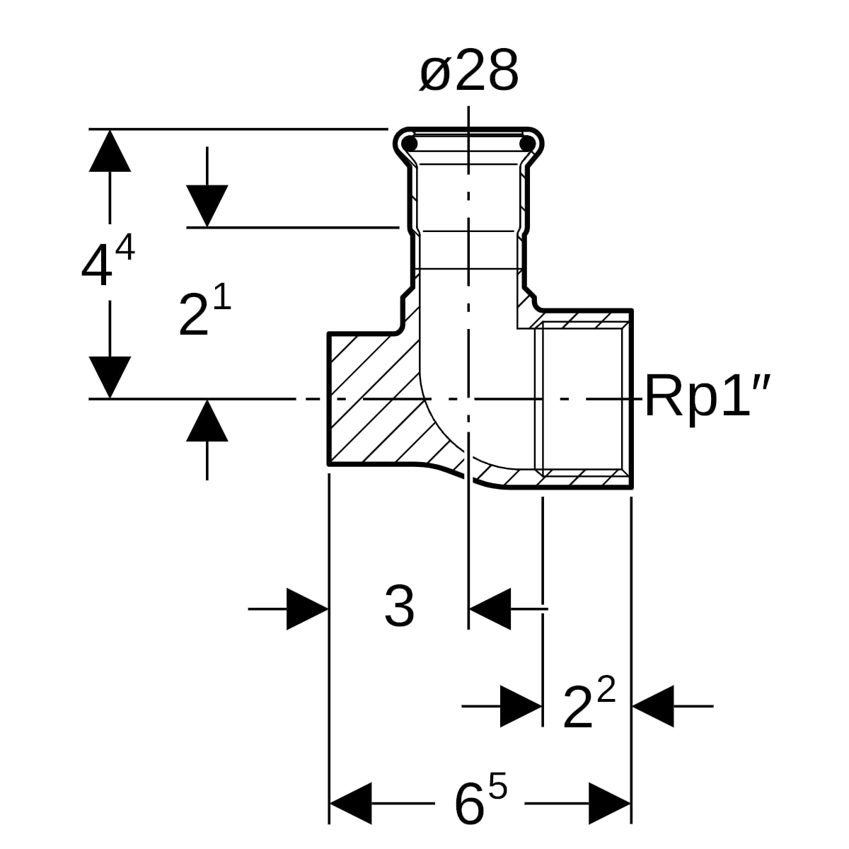 Geberit Mapress Kupfer Anschlusswinkel 90Gr abgesetzt, Lochkreis 50mm (Gas) d28-Rp1