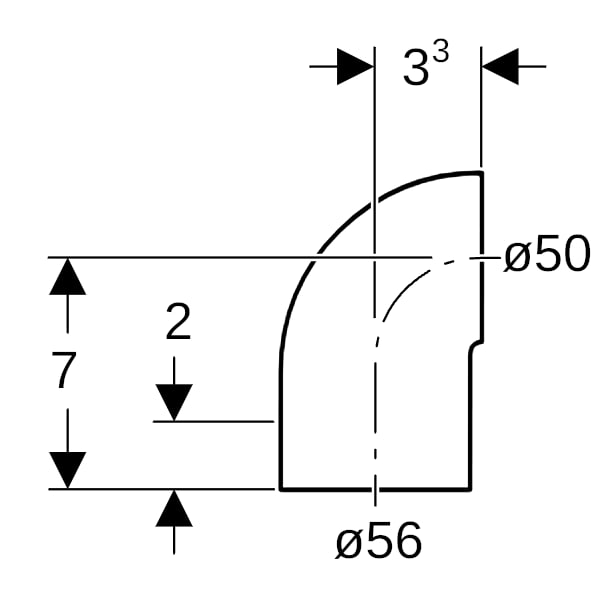 Geberit PE Bogen 90Gr reduziert mit langem Schenkel und kleinem Radius d56/50