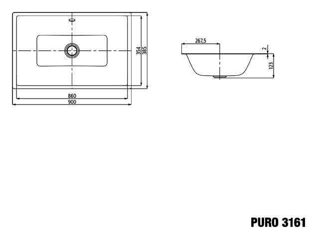 KA WB PURO UNTERBAUWASCHTISCH Mod.3161, 900x385mm,alpinweiß,PEFF,AD,mÜL,alpwe