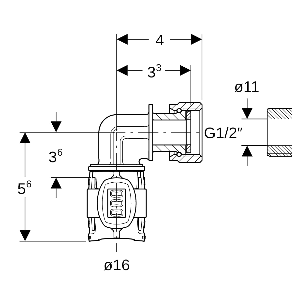 Geberit FlowFit Übergangsbogen 90Gr mit Überwurfmutter, SiBr d16-G1/2