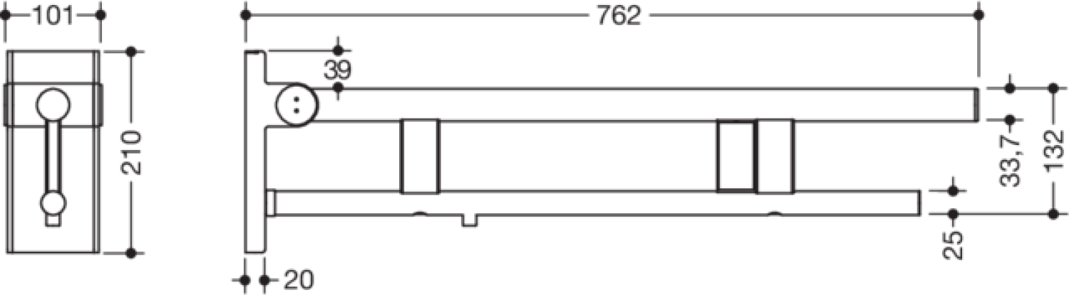HEWI SK-Griff Duo (A), re, 750, WC-Spül/ FKT(E-Ausf.),schliff