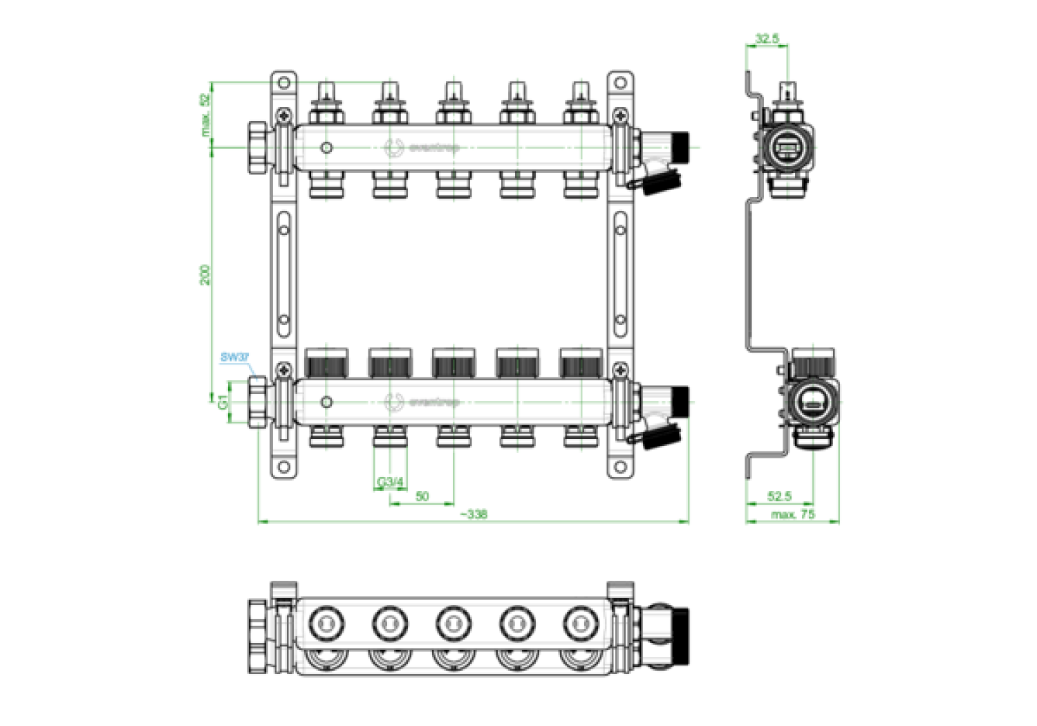 OVENTROP-Multidis SFQ Edelstahlverteiler mit Durchflussindikator 5 Kreise