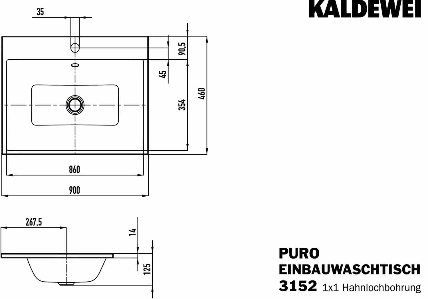 KA WB PURO EINBAUWASCHTISCH Mod.3152,900 x460mm,alpinweiß,PEFF,AD,m. 1HL,mÜL,chr