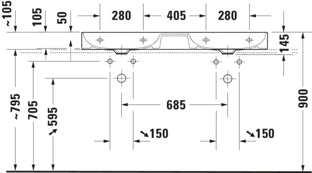 DU Doppel-WT,Möbel-DWT DuraSquare 1200mm o.ÜL, 1 HL je Becken, geschl., weiß
