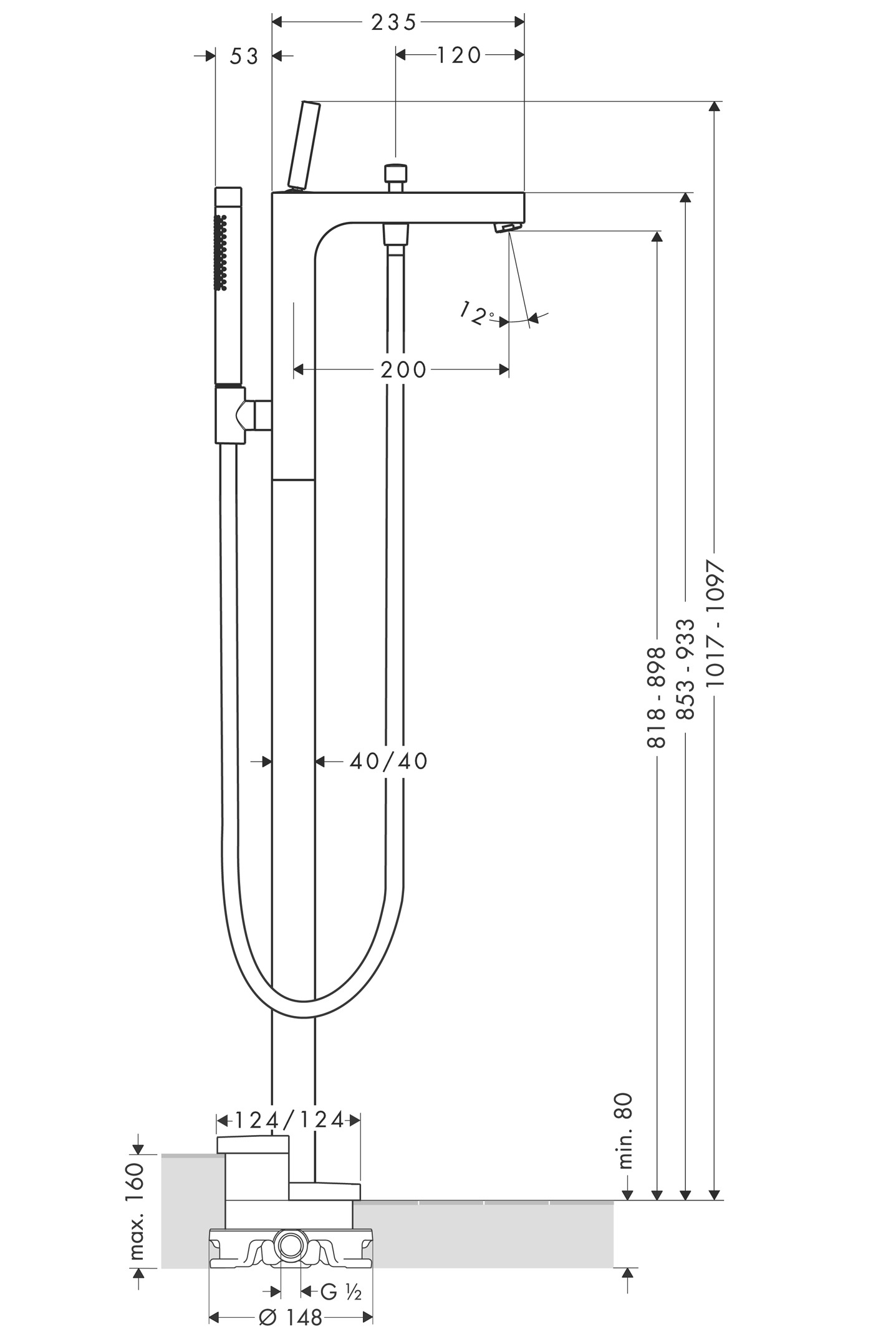 Hansgrohe Wannenmischer Axor Citterio Fertigset zur Bodenmontage PGO