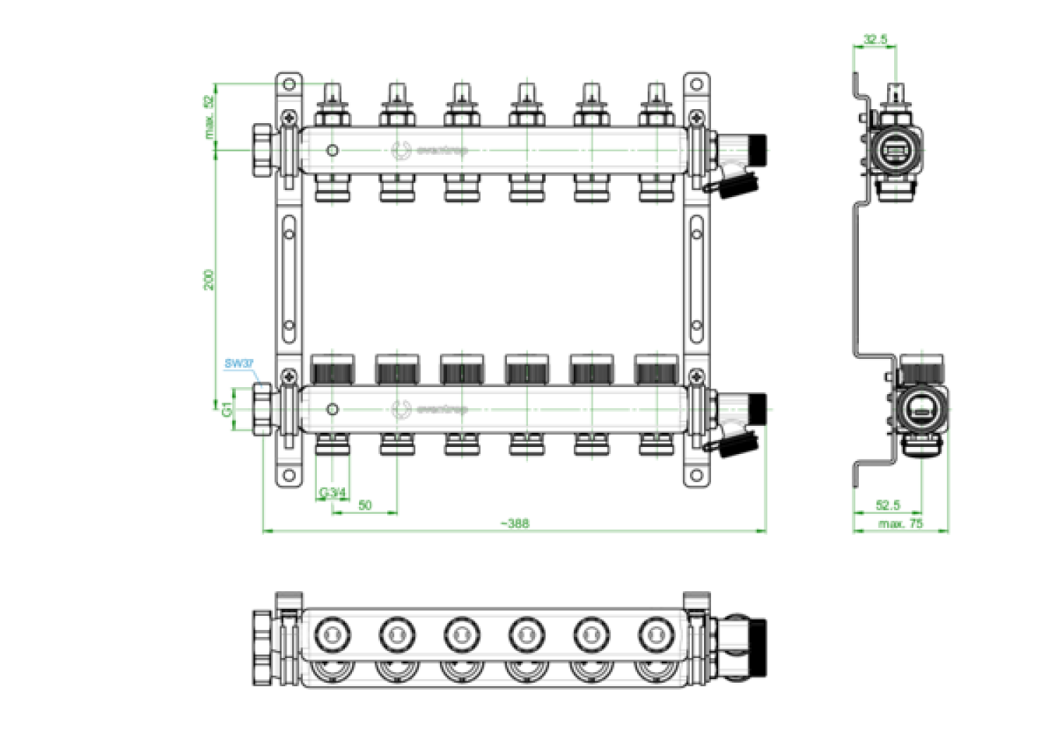 OVENTROP-Multidis SFQ Edelstahlverteiler mit Durchflussindikator 6 Kreise