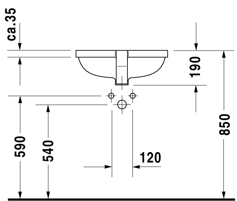DU Einbauwaschtisch Starck 3 490 mm EB v.unten, m.ÜL, m.HLB, 1 HL, weiß