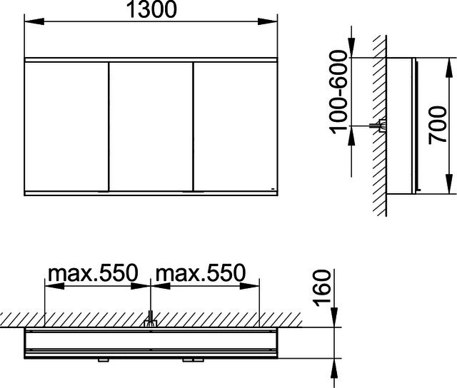 KEUCO Royal Modular 2.0 SPS, bel. 80031, Vorb,oSteckd,sb-elox,1300x700x160mm