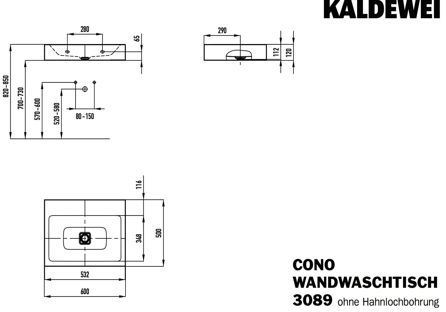 KA WB CONO WANDWASCHTISCH Mod.3089,600x 500mm,cool grey 70,Perl-Effekt,AD,oÜL