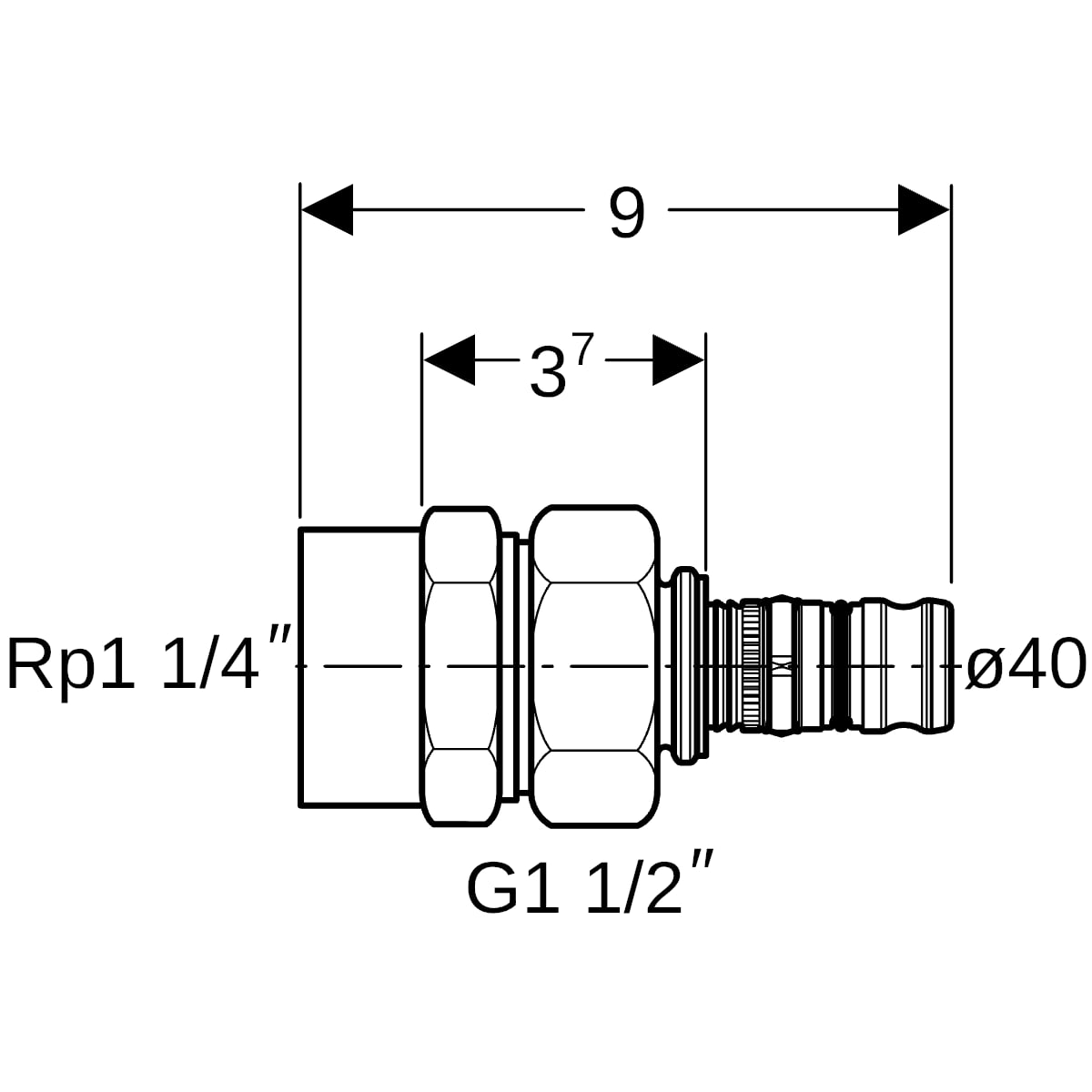Geberit Mepla Übergangsverschraubung mit IG Rg d40-Rp1 1/4
