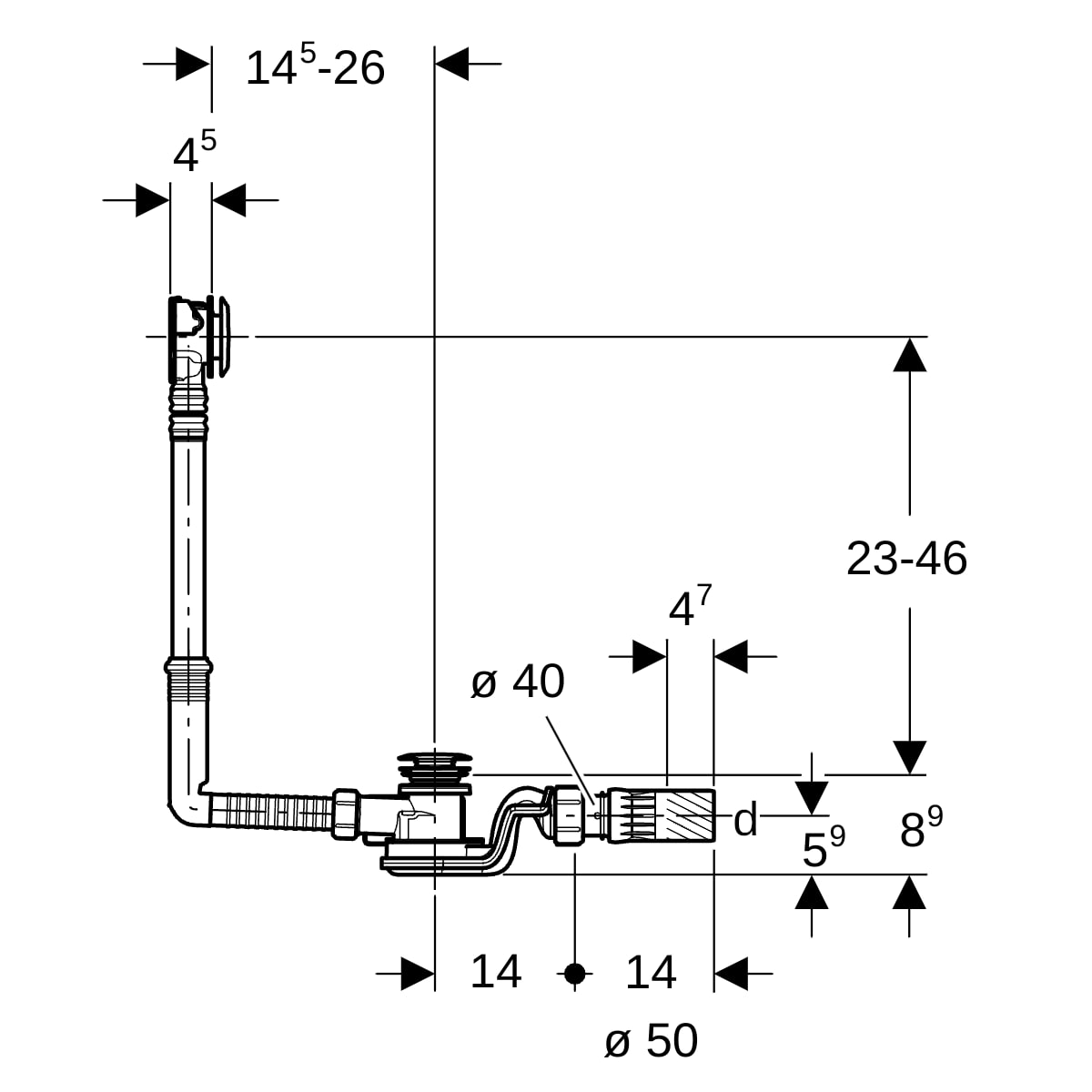 Geberit BW-Ablauf, mit PushControl d52 mit Fertigbauset, DN40/50, hgl.verchr.