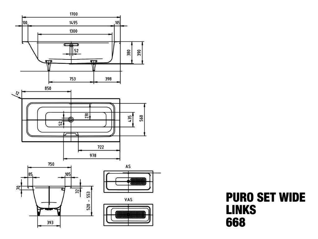 KA BW PURO SET WIDE LINKS Mod.668,1700x 750mm,alpinweiß,mit Vollantislip