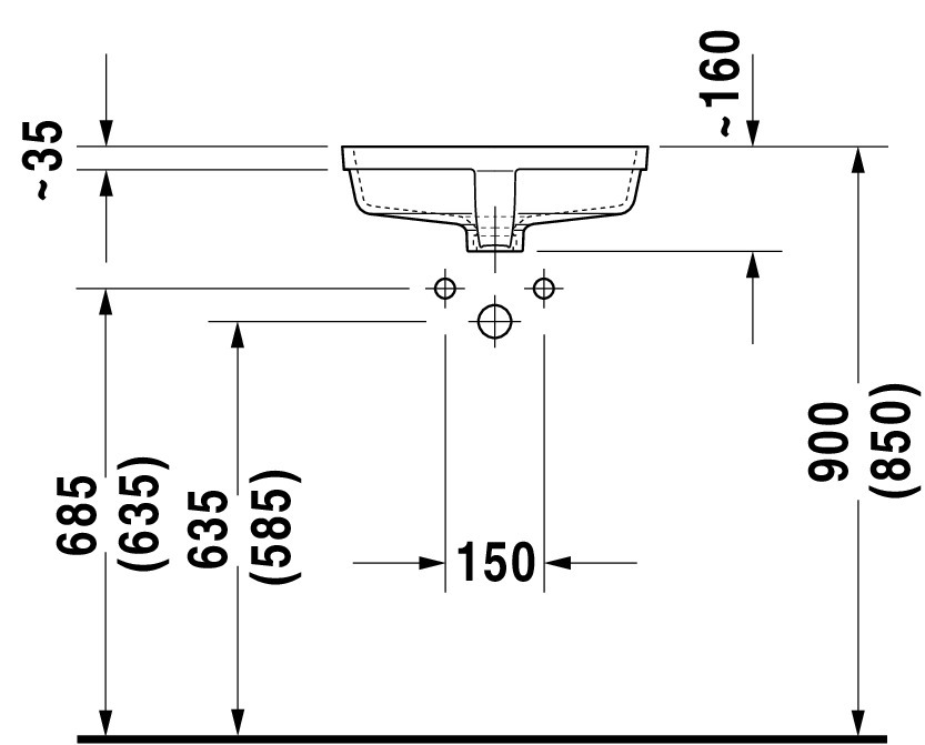 DU Einbauwaschtisch Vero 430 mm EB v.unten, m.ÜL, o.HLB, weiß