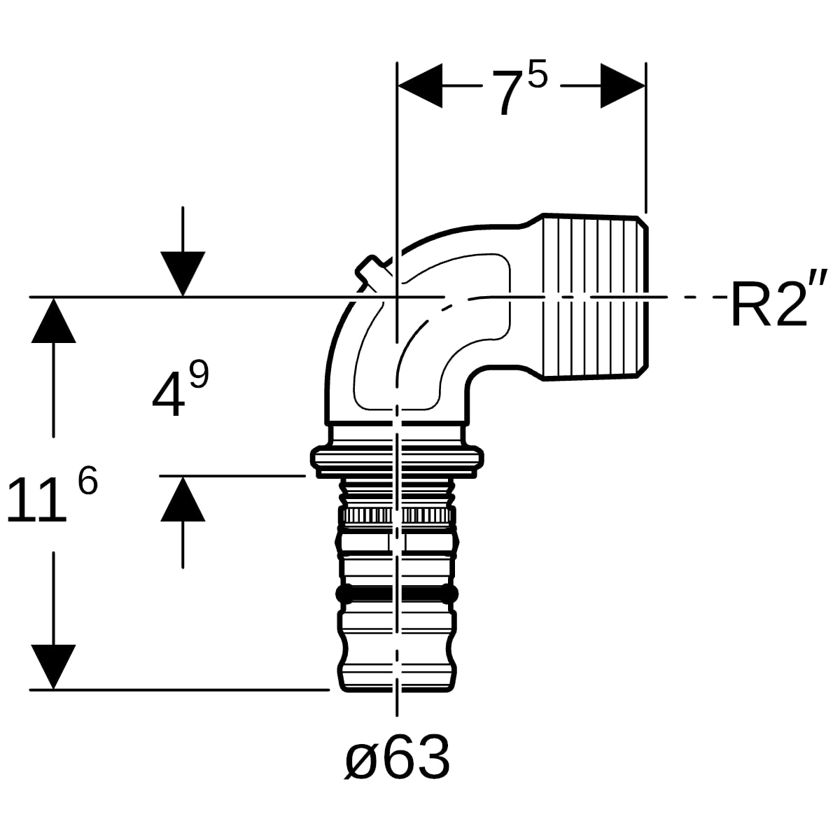 Geberit Mepla Übergangsbogen 90Gr mit AG Rg d63-R2
