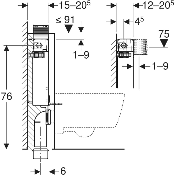 Geberit Kombifix Element für Wand-WC 82cm mit Omega UP-SPK 12cm Bet. vorne/oben