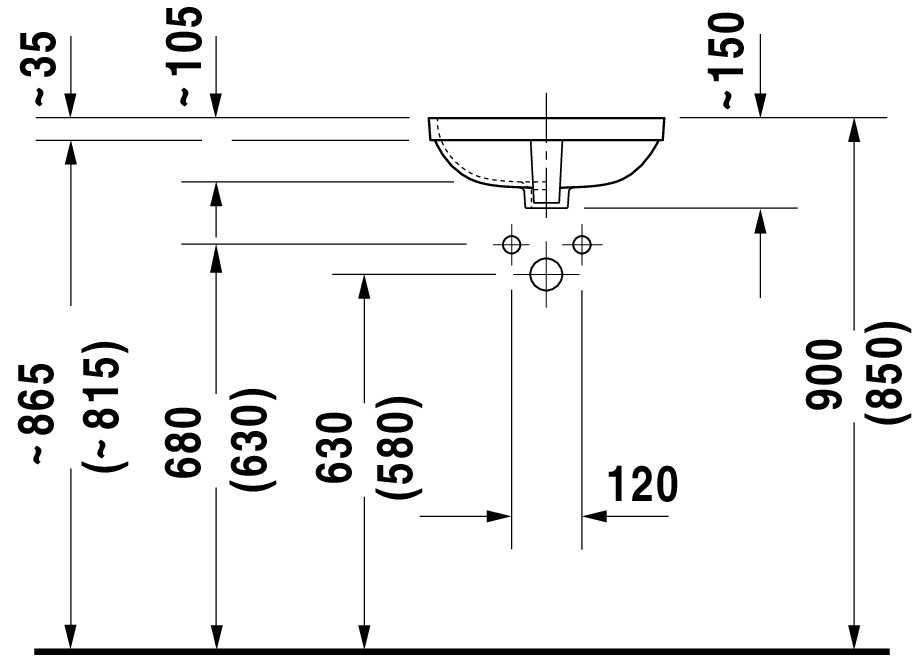 DU Einbauwaschtisch DuraStyle 370 mm EB v.unten, m.ÜL, o.HLB, weiß