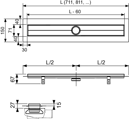 TECEdrainline Duschrinne, schw. matt besch., Seal System Dichtband, 700 mm