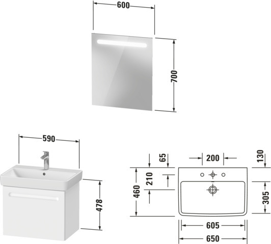 Duravit No.1 Möbel-Set 650x450mm, WT,WTU m.Auszug 1, Spiegel, Weiß Matt