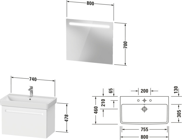 Duravit No.1 Möbel-Set 800x450mm, WT,WTU m.Auszug 1, Spiegel, Graphit Matt
