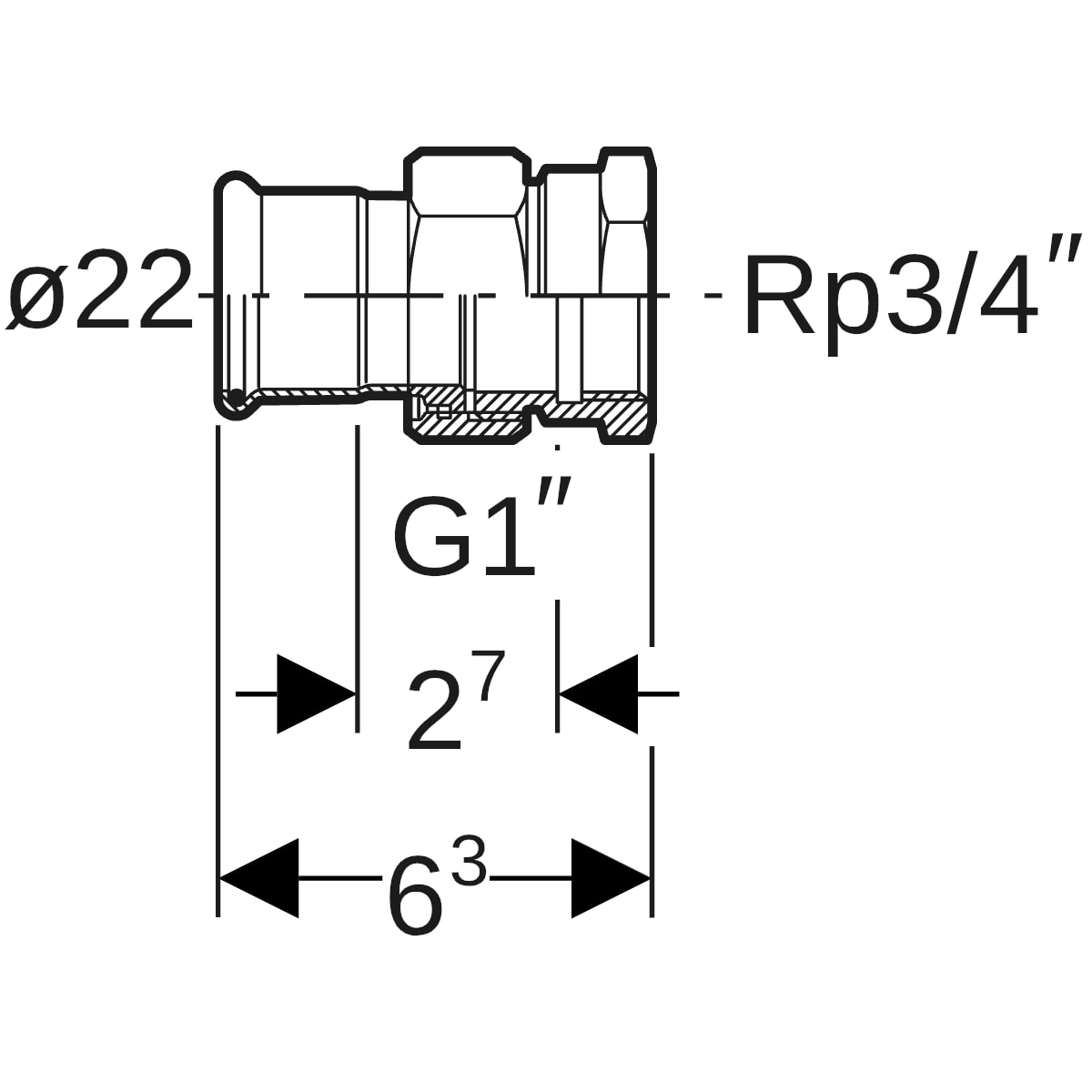 Geberit Mapress Edelstahl Übergangsverschr. mit IG (Gas) d22-Rp3/4