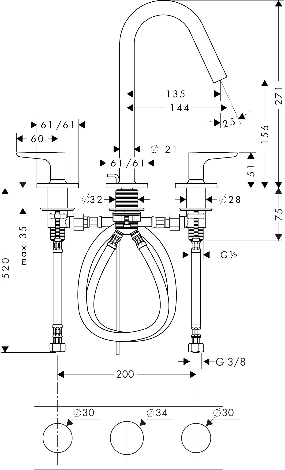 Hansgrohe 3-Loch Waschtischarmatur Axor Citterio M BBR mit Hebelgriffen