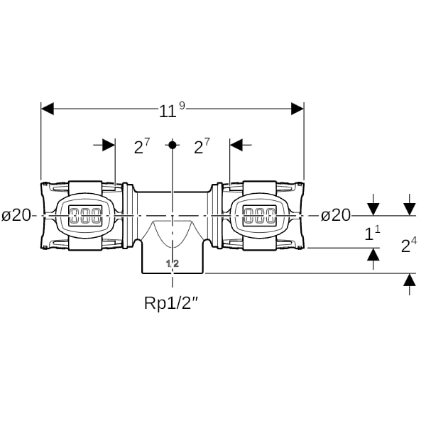Geberit FlowFit T-Stück mit Innengewinde Rg+ d20-Rp1/2-20