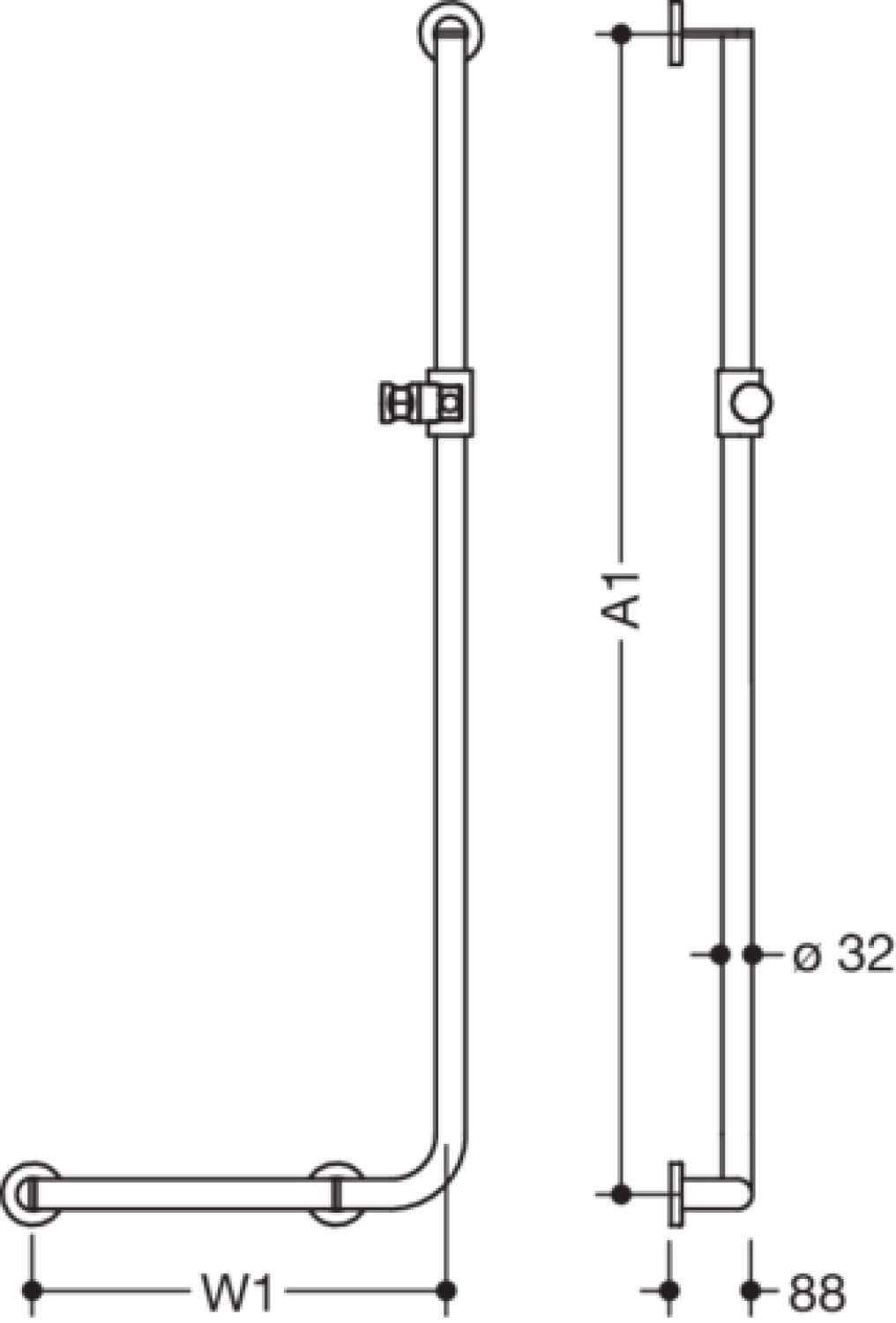 HEWI Winkelgriff m. Br.H., d:32, li, A1/W1:var.,schliff, Brh.Kst. anthrazitgr