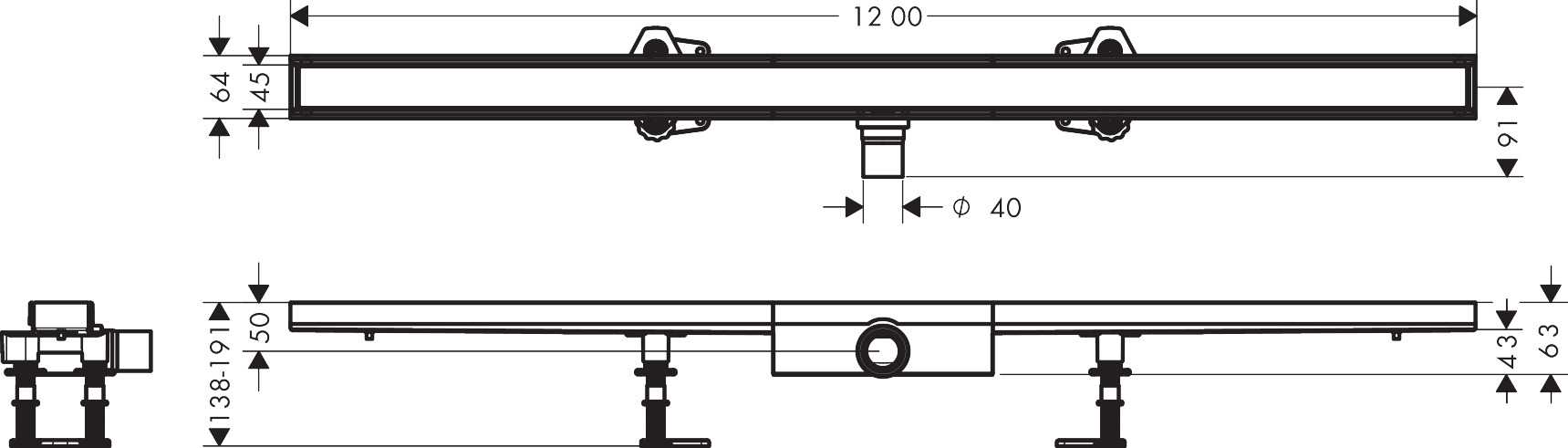 Hansgrohe Komplettset RainDrain Compact 1200mm befliesbar f.flache Installation