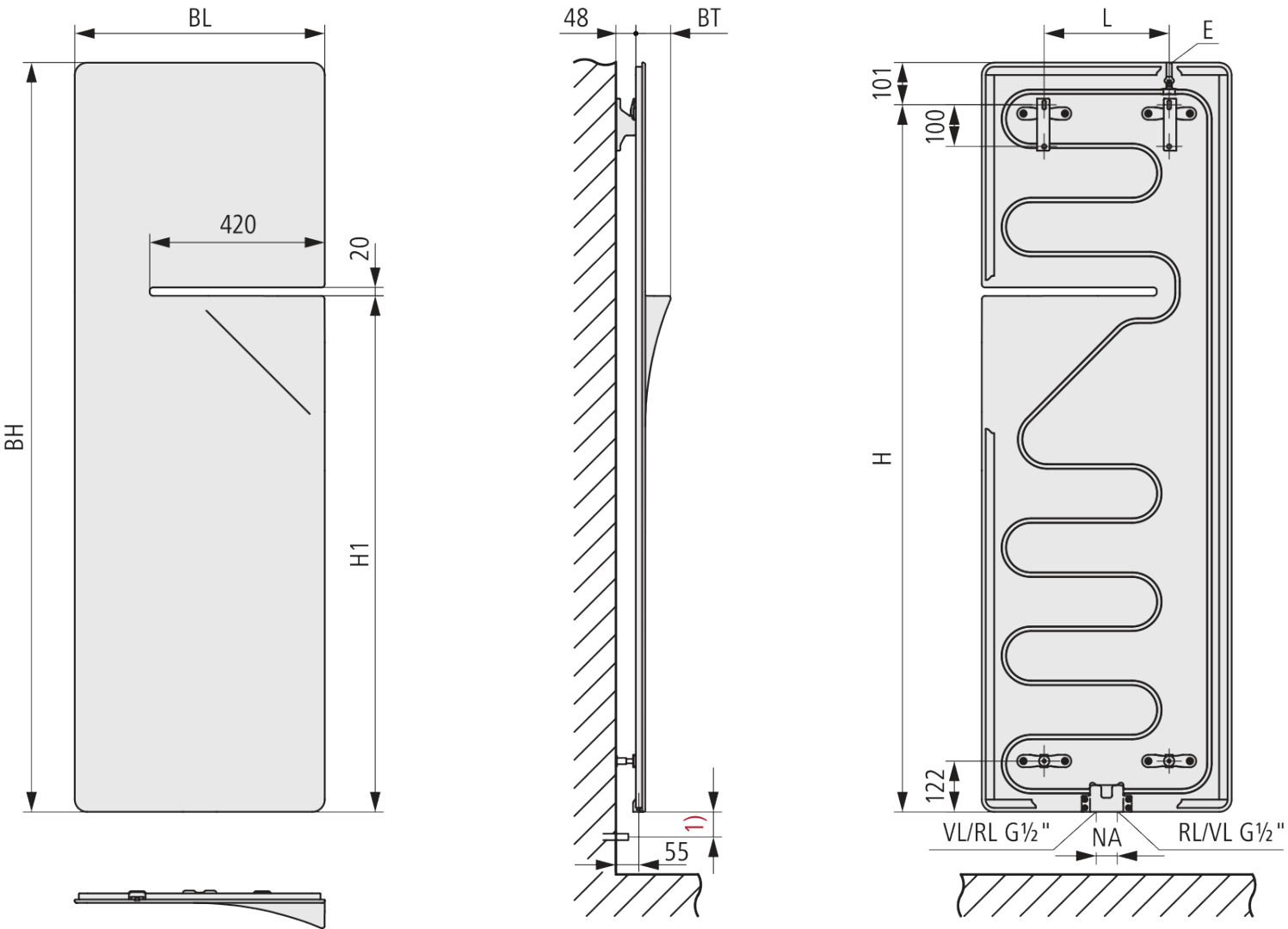 Kermi Ineo 1800mm x 600mm x 85 mm QN=931 W, onyx, Ausf. Links