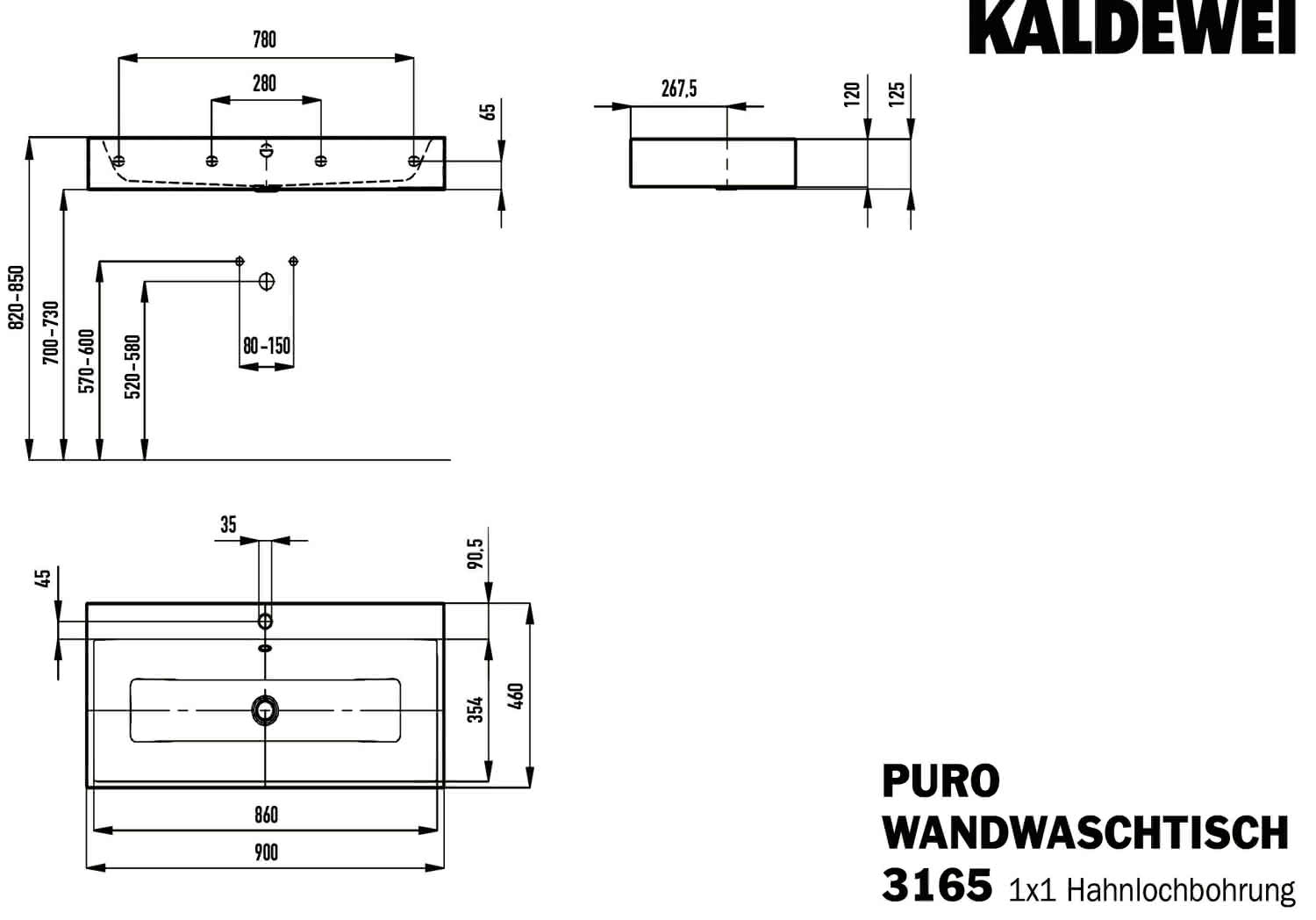 KA WB PURO WANDWASCHTISCH Mod.3165,900x 460mm,alpwm,PEFF,AD,m. 1HL,mÜL,chr