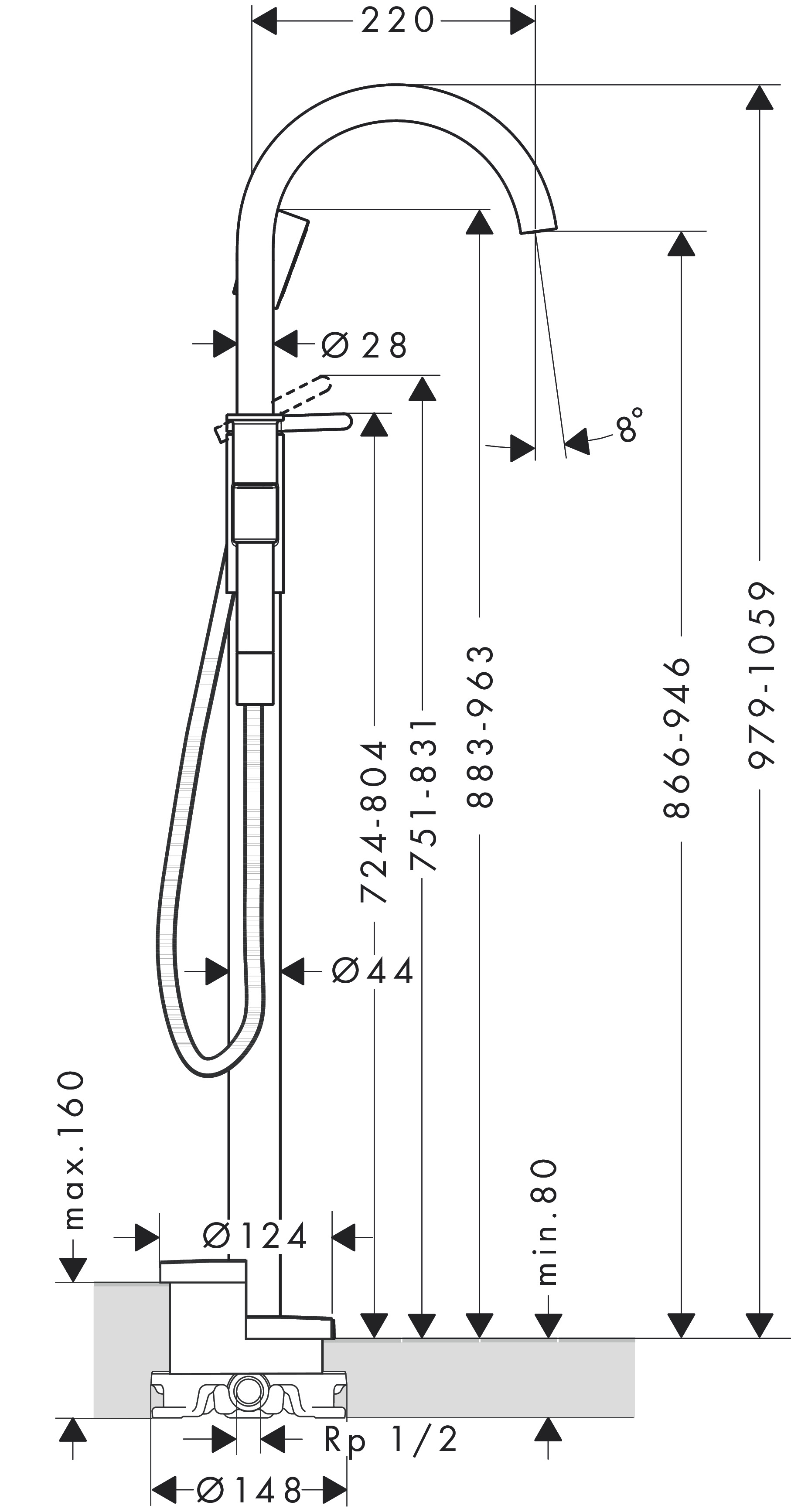 Hansgrohe Wannenmischer Axor One Fertigset zur Bodenmontage chrom