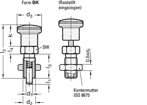 Rastbolzen GN 817 d1 12mm d2 M20 x 1,5mm l1 15mm Stahl,o.Rastsperre,m.Kontermut. Rastbolzen GN 817 d1 12mm d2 M20 x 1,5mm l1 15mm Stahl,o.Rastsperre,m.Kontermut.