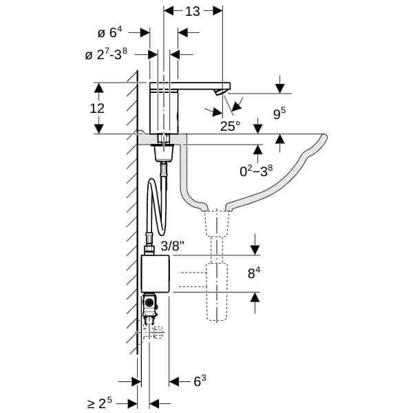 Geberit Typ 186 Waschtischarmatur, Generator mit Untertischmischer, hgl. verchromt