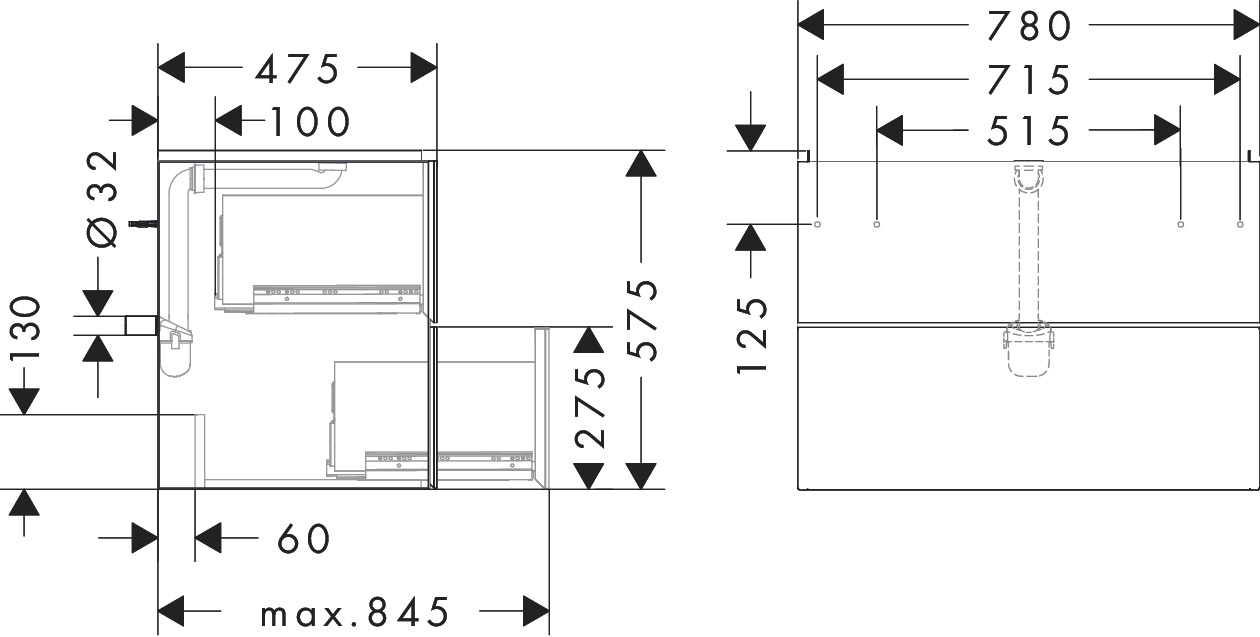 Hansgrohe Waschtischunterschrank Xevolos E MW 780/475mm mit 2 Schubkästen für WT Wme