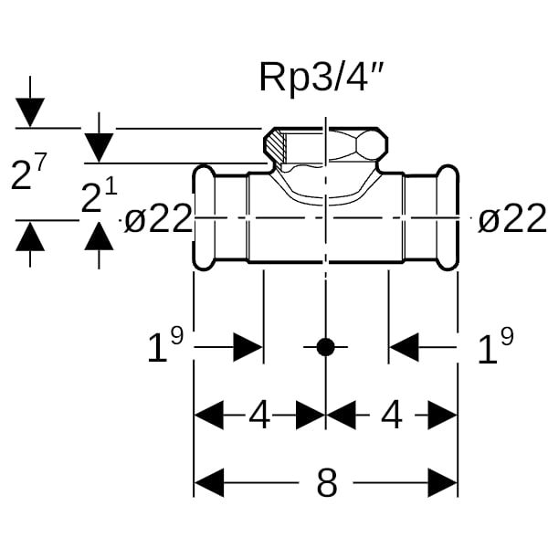 Geberit Mapress Kupfer T-Stück mit IG (Gas) d22-Rp3/4-22