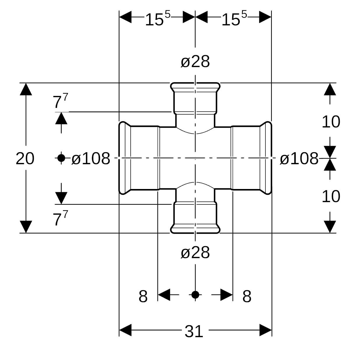 Geberit Mapress C-Stahl Kreuzstück reduziert d108-28-108