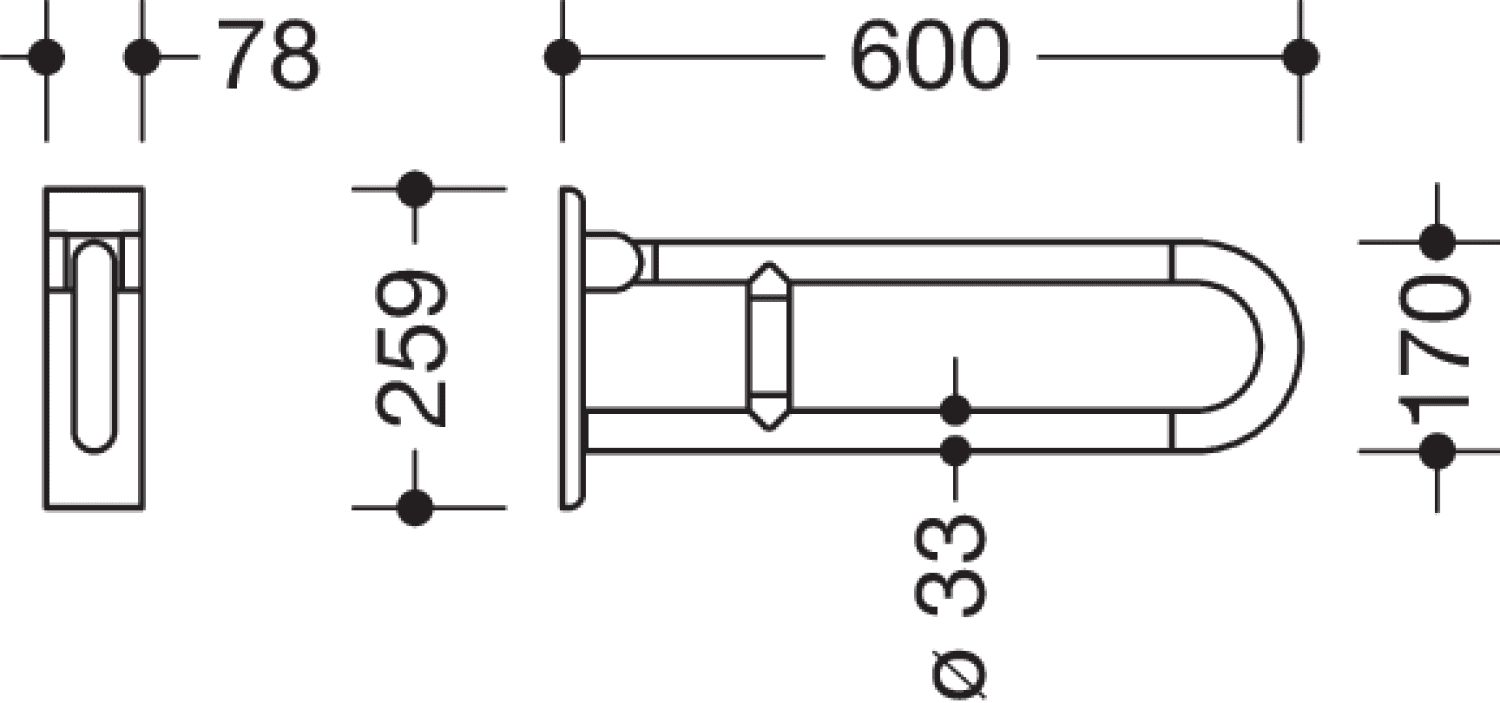 HEWI Stützklappgriff Ser 801, L:600mm, Stahlkern reinweiß