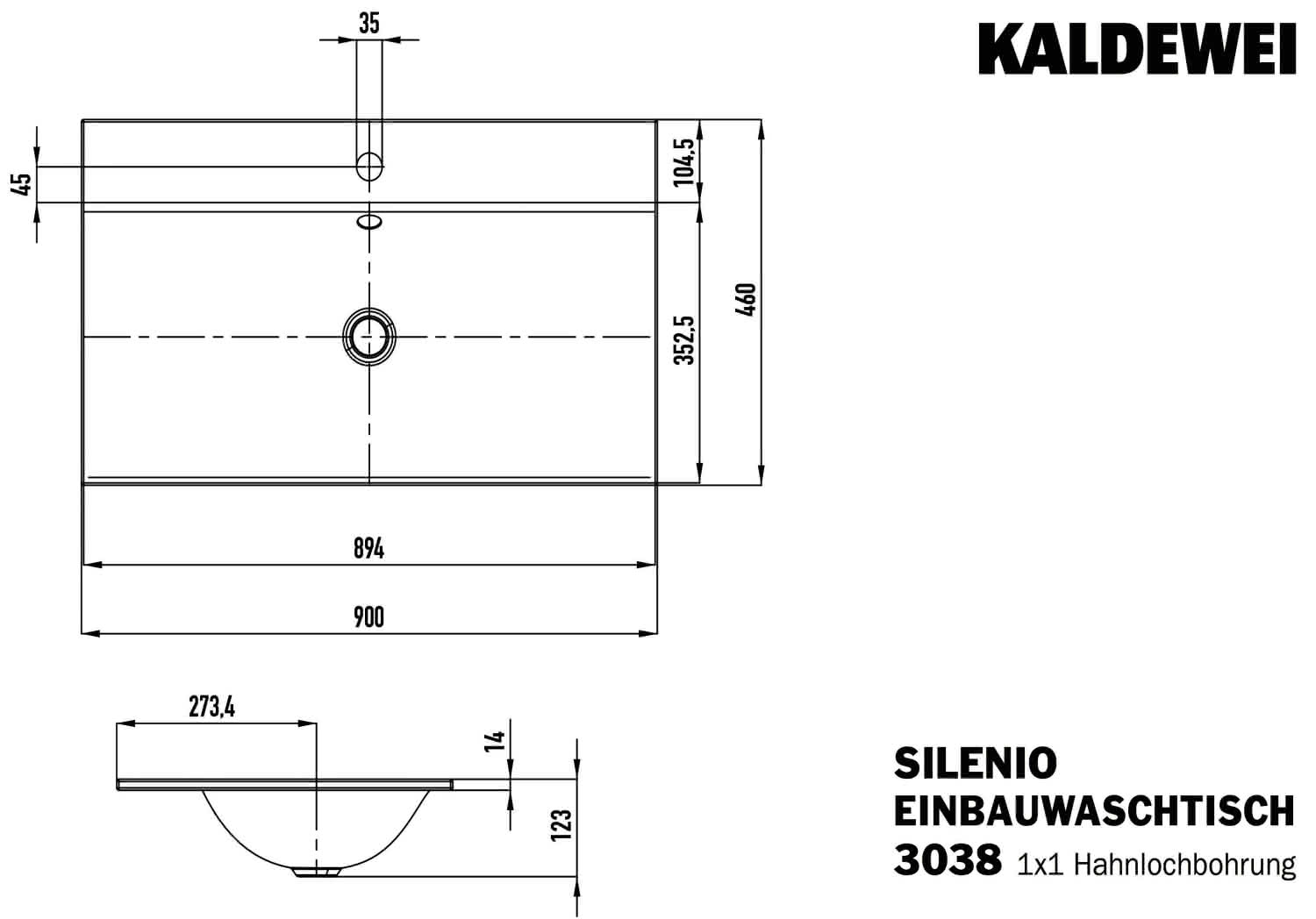 KA WB SILENIO EINBAUWASCHTISCH Mod.3038, 900x460mm,alpwm,PEFF,AD,m. 1HL,mÜL,chr
