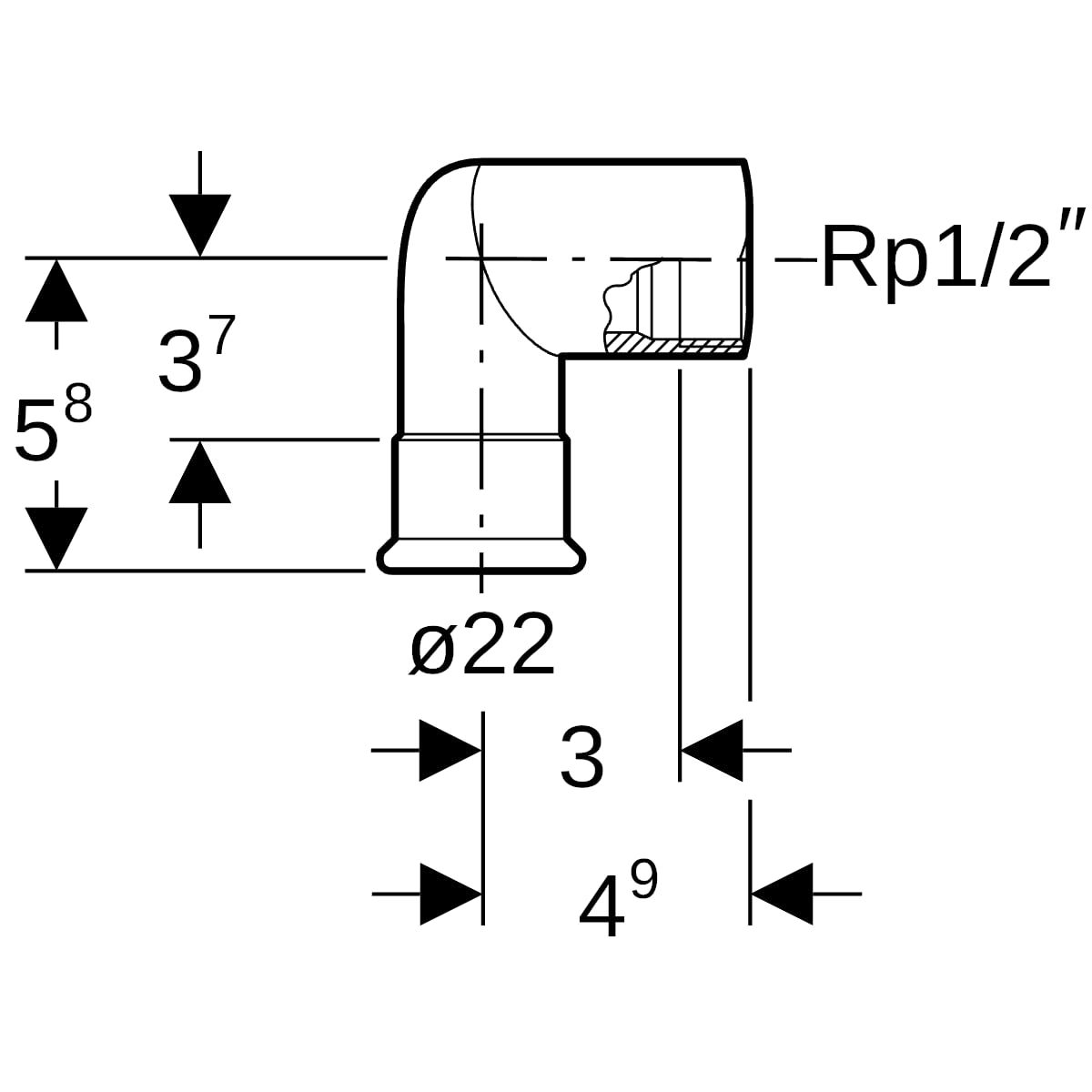 Geberit Mapress Edelstahl Übergangswinkel 90Gr mit IG d22-Rp1/2, lang