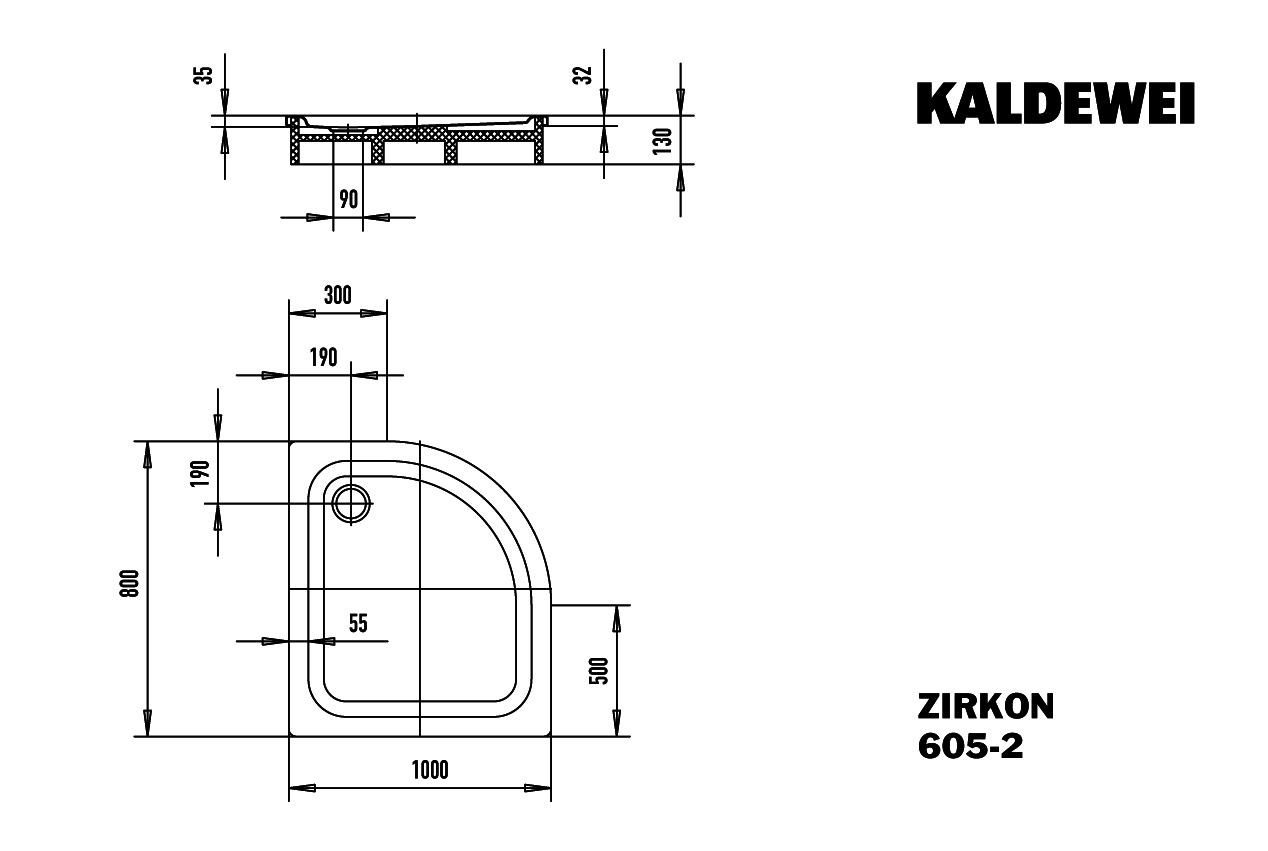 KA DW ZIRKON MIT WANNENTRÄGER Mod.605-2, 1000x800mm,alpinweiß,Perl-Effekt,m. WT