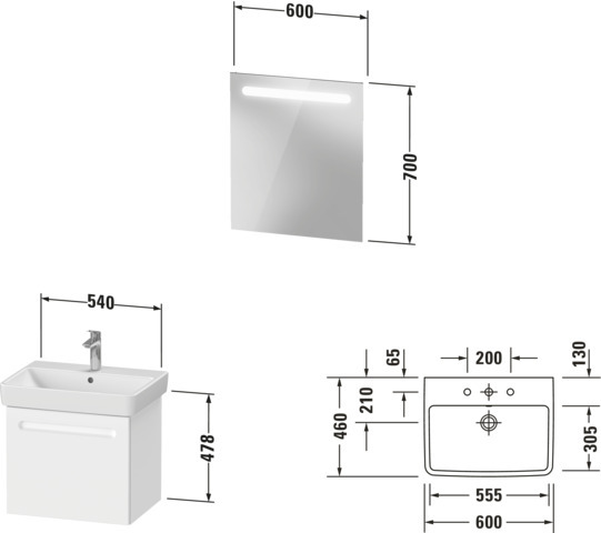 Duravit No.1 Möbel-Set 600x450mm, WT,WTU m.Auszug 1, Spiegel, Weiß Matt