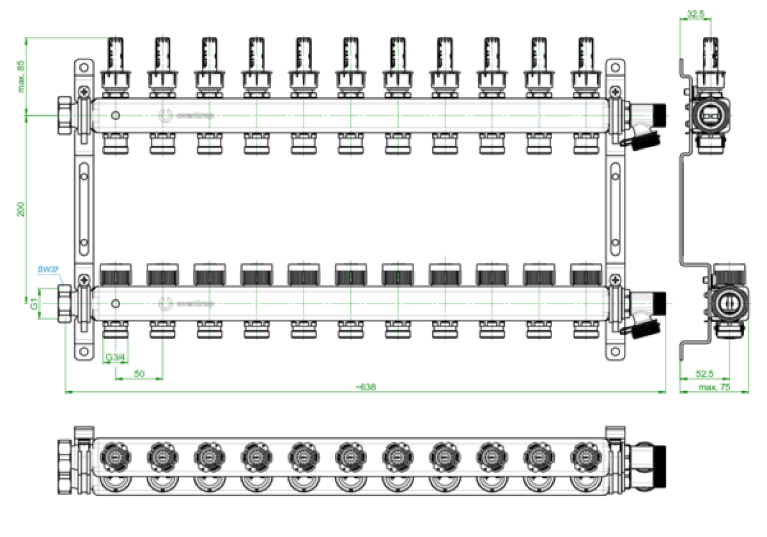 OVENTROP-Edelstahl-Verteiler 1" Multidis SF für 11 Kreise, 0-5 l/min