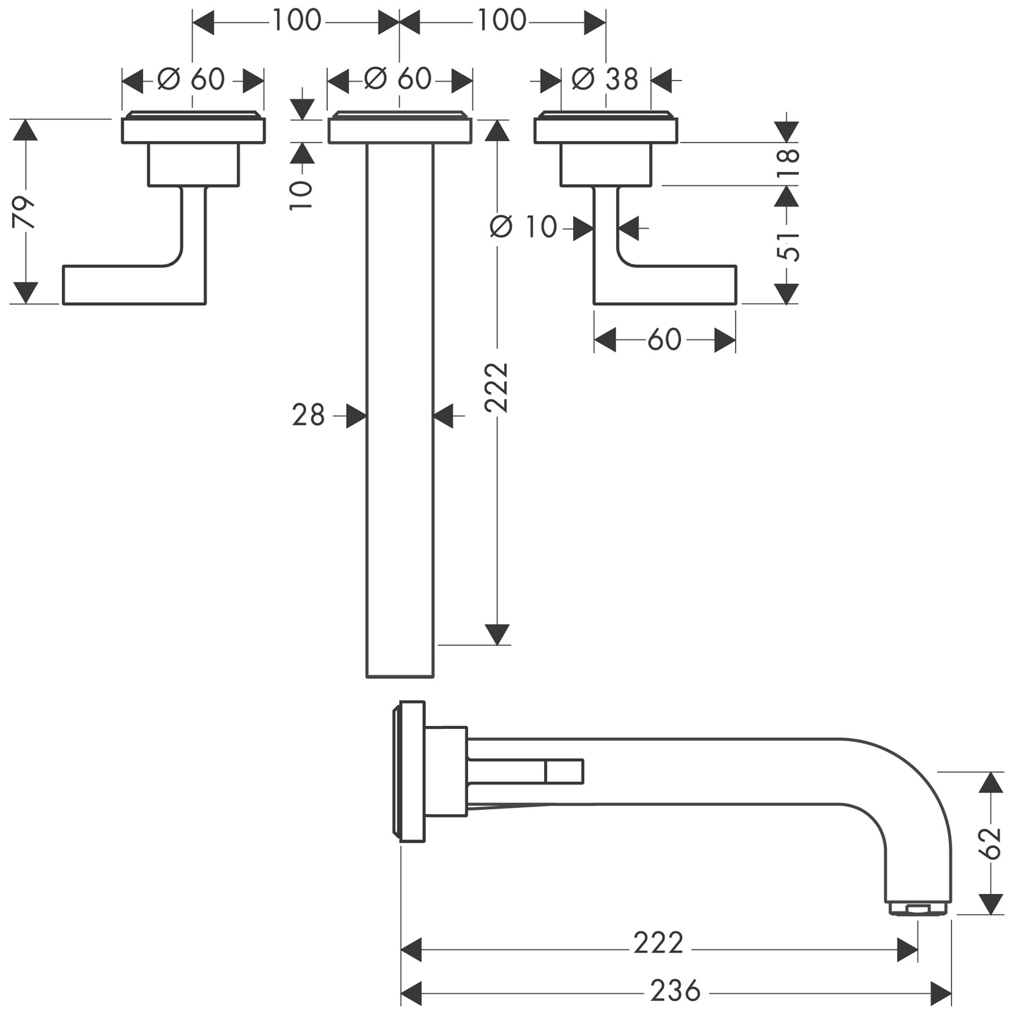 Hansgrohe 3-Loch Waschtischarm.Axor Citterio Wand Fertigset lang PBC m.Hebelgriffen