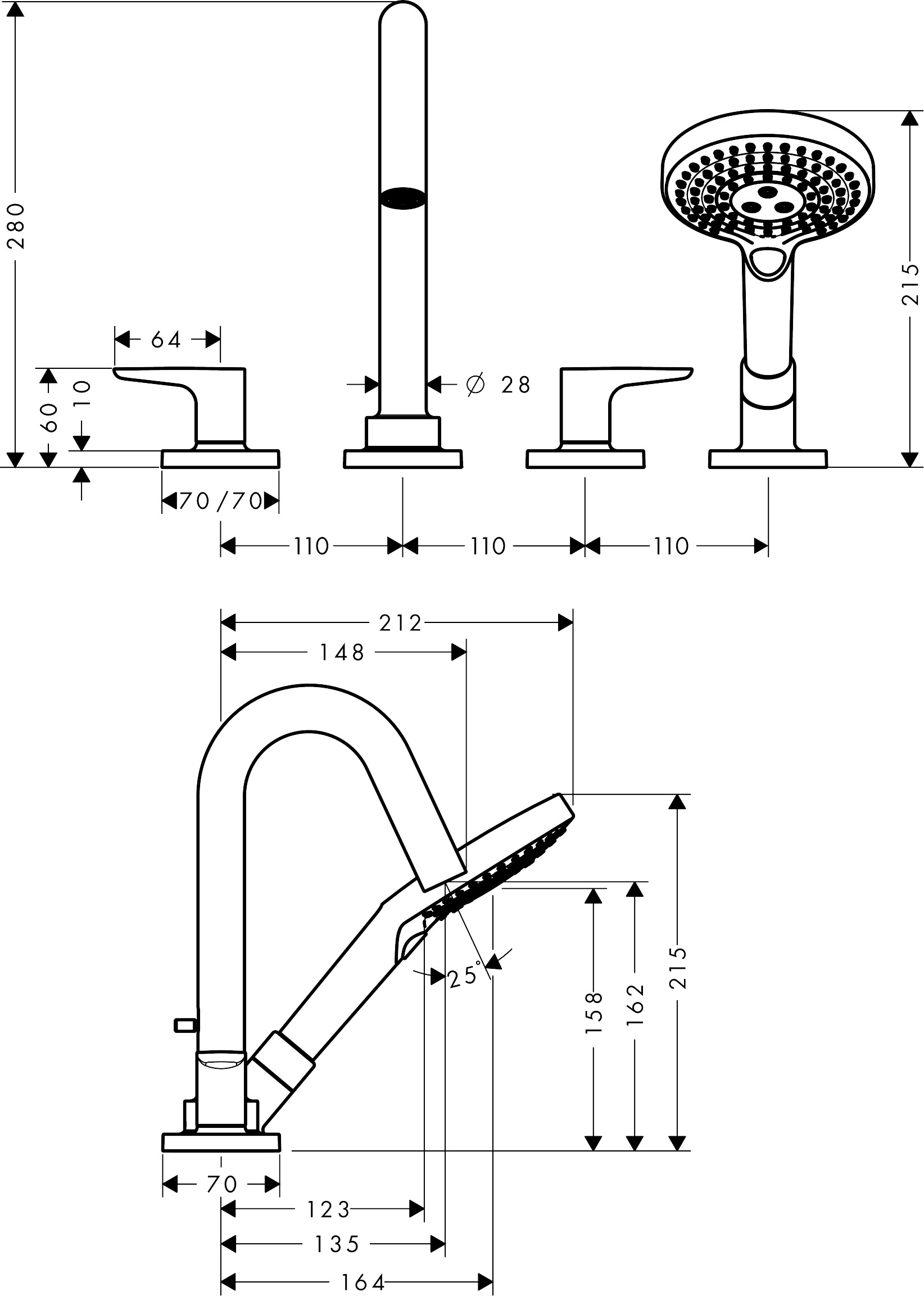 Hansgrohe 4-L.Wannenarmatur Axor Citterio M F-Set f.Wannenrand BB m.Hebelgriff